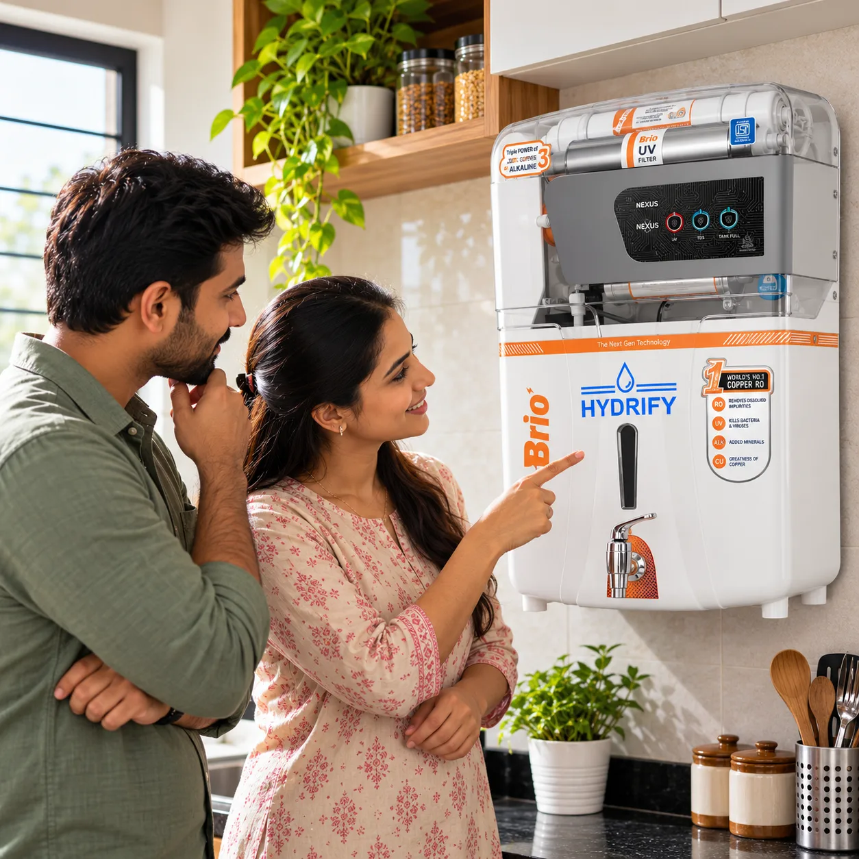 Couple Admiring Hydrify Brio Copper RO Water Purifier